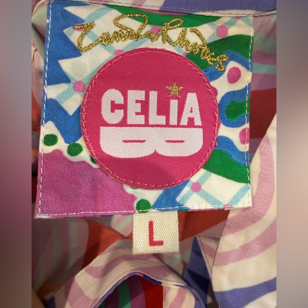 Celia B Maryann V-Neck Mixed Print Midi Dress Button Bright Whimsy Size L - Picture 13 of 16